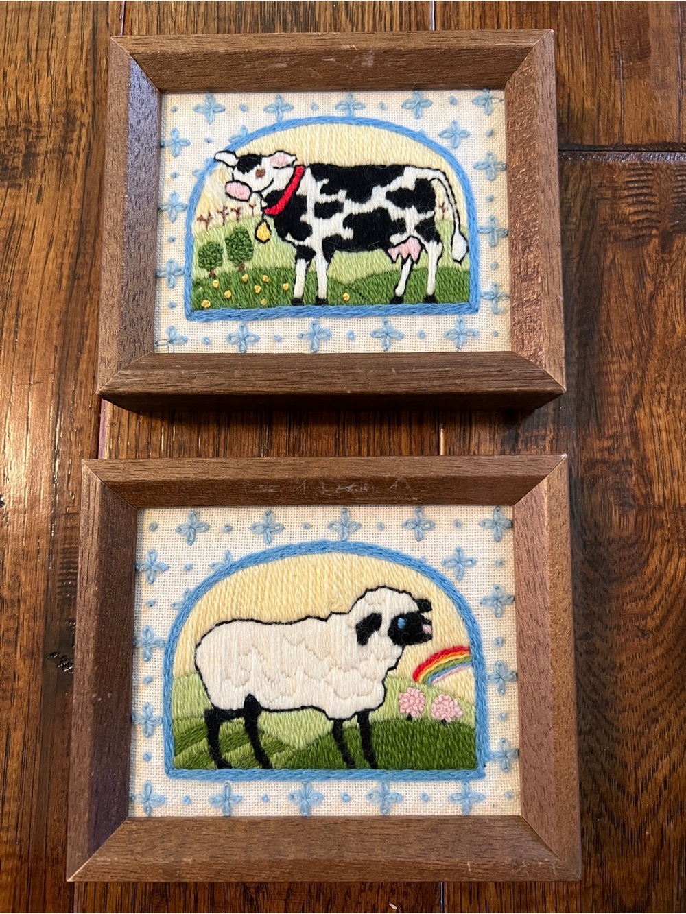 Vintage Hand Crafted Black & White Cow and Sheep Embroidery Wall Art